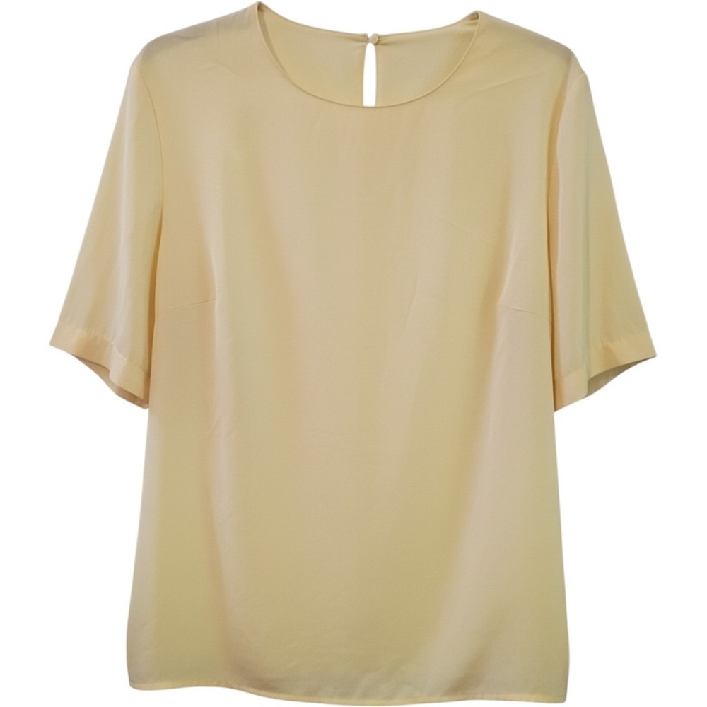 Christie & Jill Vintage Pale Yellow Short Sleeve Pleated Keyhole Blouse Large